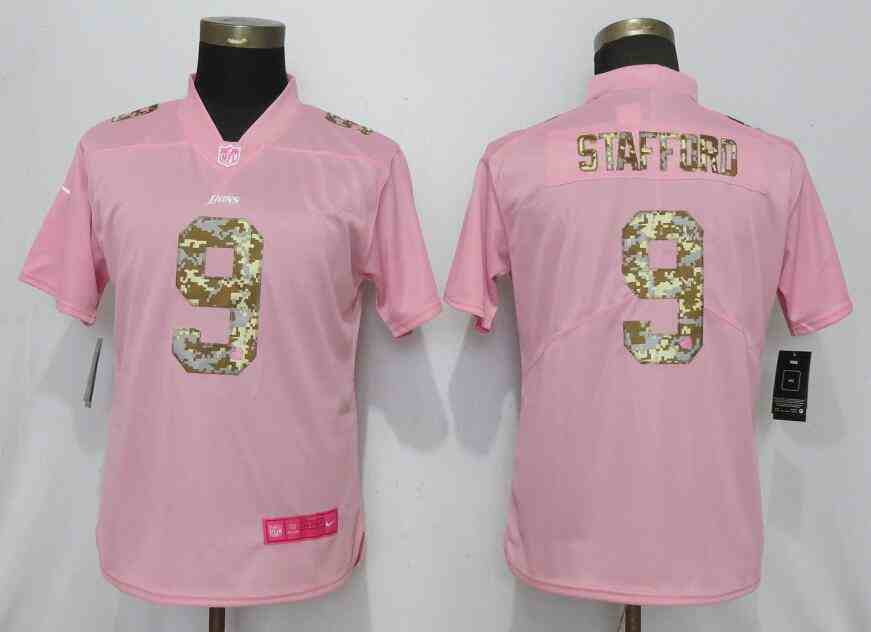 Women New Nike Detroit Lions 9 Stafford PinkCamouflage font love pink 2019 Vapor Untouchable Elite Player