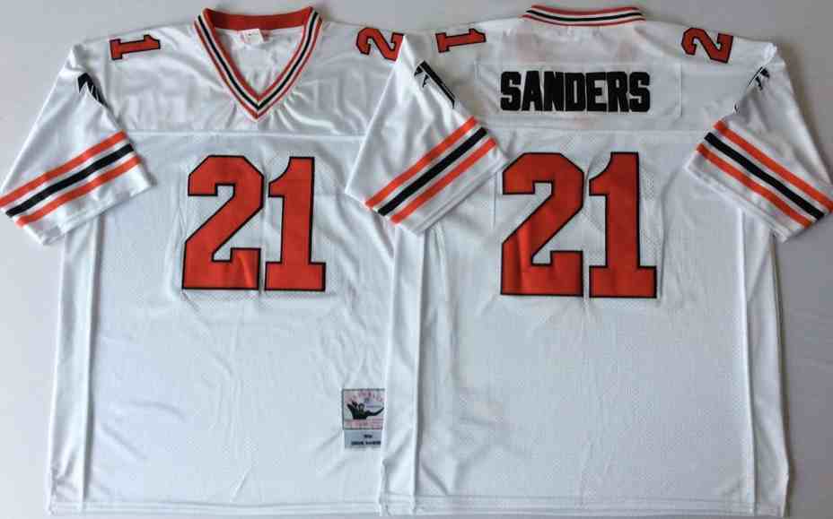 Men's Atlanta Falcons 21 Deion Sanders 1992 Throwback White Jersey