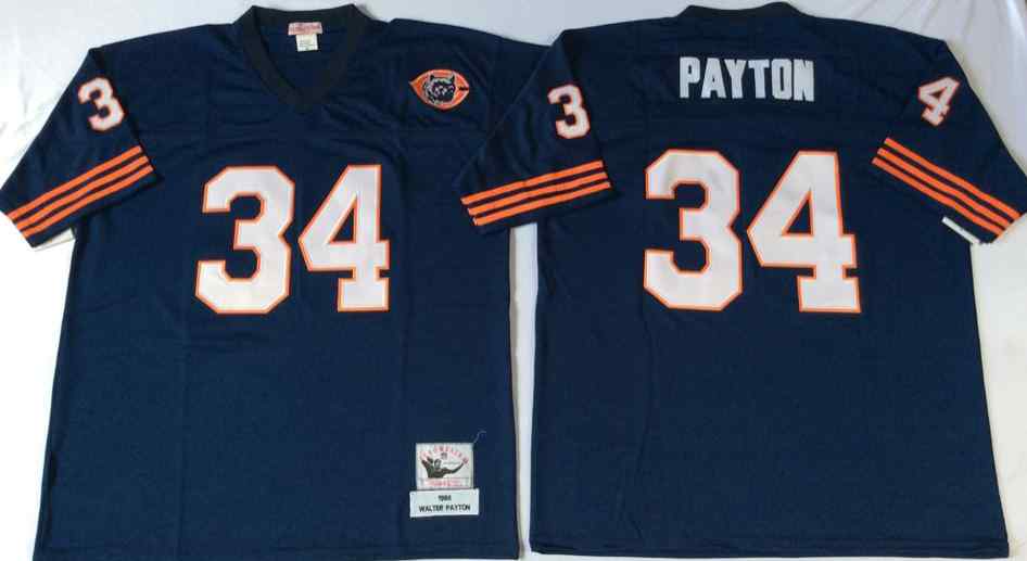 Men's Chicago Bears 34 Walter Payton Throwback Navy Blue Jersey with Bear Patch