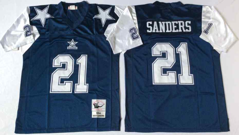 Men's Dallas Cowboys 21 Deion Sanders 1995 Throwback Navy Blue Jersey