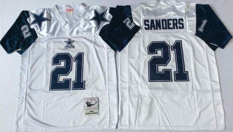Men's Dallas Cowboys 21 Deion Sanders 1995 Throwback White Jersey