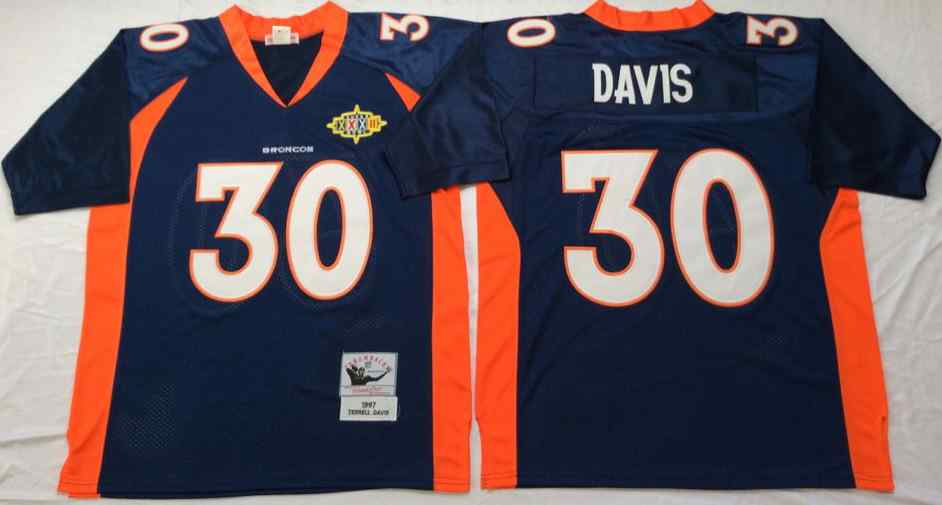 Men's Denver Broncos 30 Terrell Davis 1997 Blue Throwback Jersey