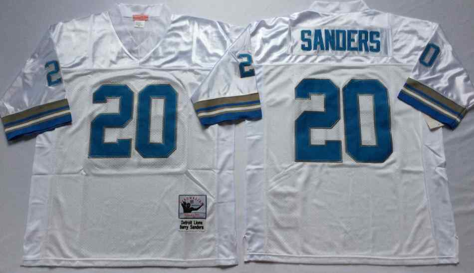 Men's Detroit Lions 20 Barry Sanders Throwback White Jersey