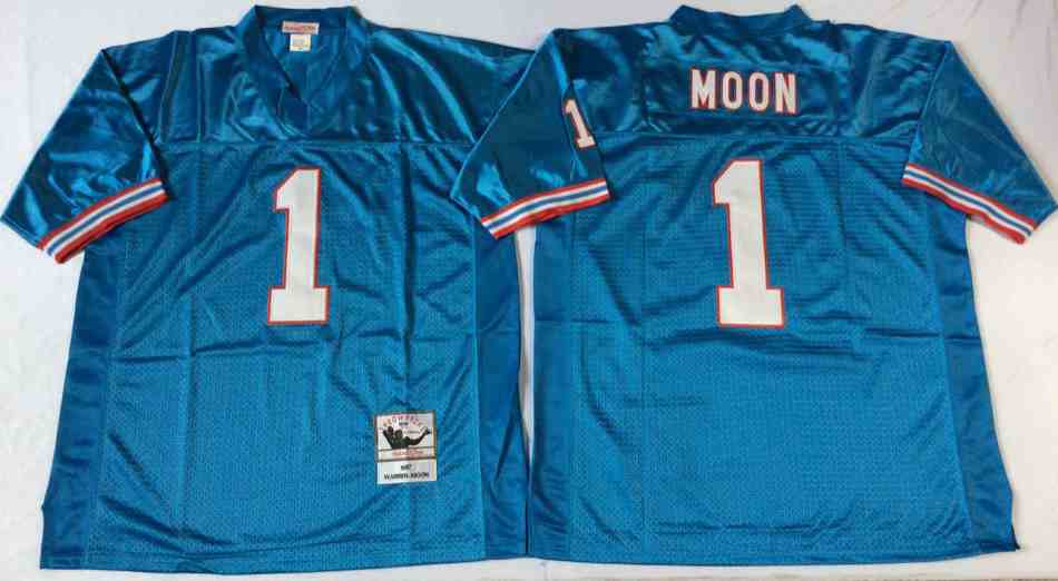 Men's Houston Oilers #1 Warren Moon Light Blue Throwback Jersey
