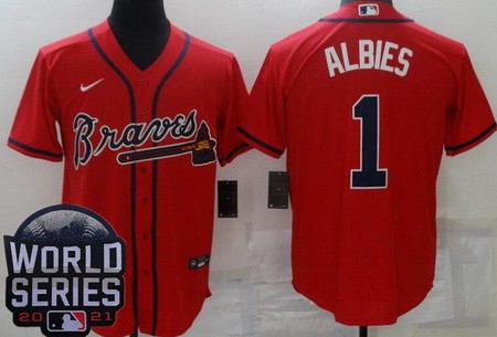 Men's Atlanta Braves #1 Ozzie Albies Red 2021 World Series Cool Base Jersey