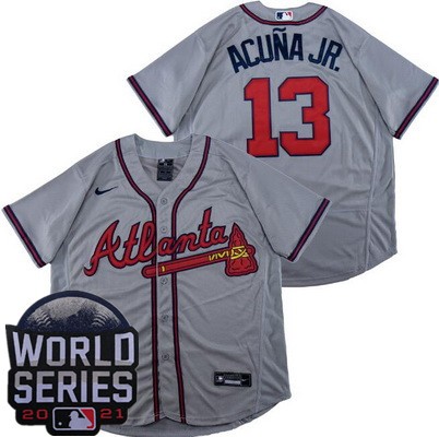 Men's Atlanta Braves #13 Ronald Acuna Jr Gray 2021 World Series Authentic Jersey