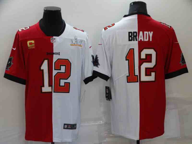 Men's Tampa Bay Buccaneers #12 Tom Brady Red White Super Bowl Split Stitched Jersey