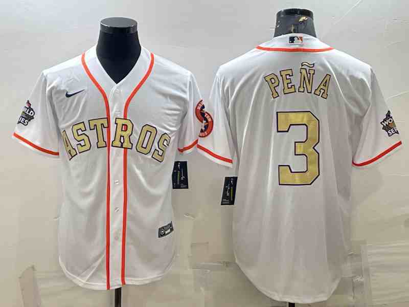 Men's Houston Astros #3 Jeremy Pena White Gold 2022 World Series Champions Stitched Cool Base Nike Jersey1