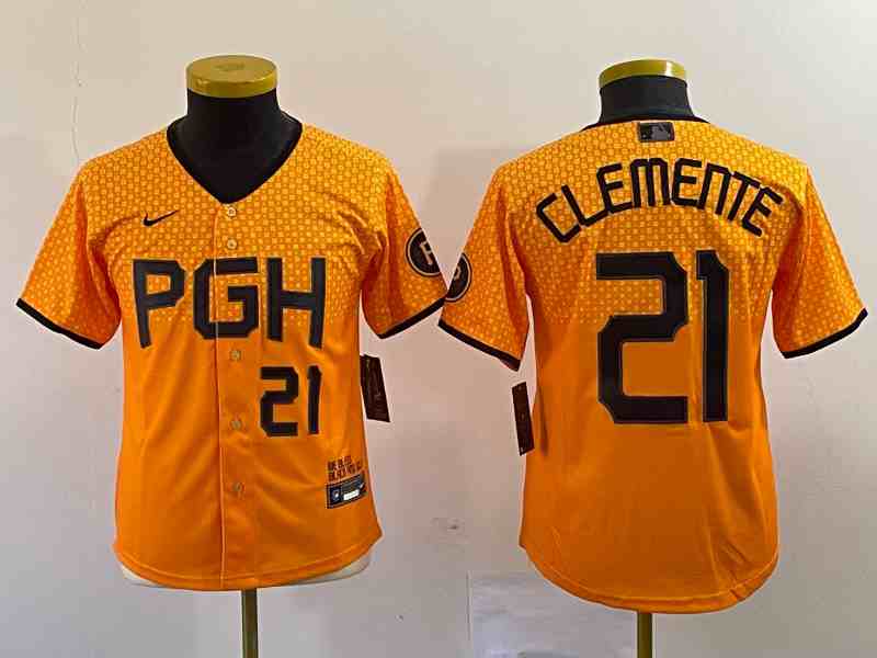 Youth Pittsburgh Pirates #21 Roberto Clemente Number Yellow 2023 City Connect Stitched Jersey4