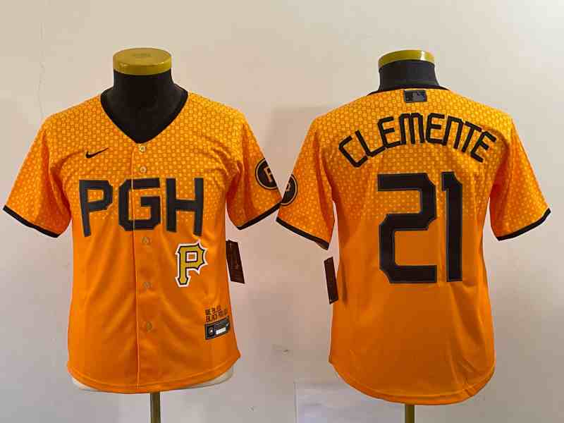 Youth Pittsburgh Pirates #21 Roberto Clemente Number Yellow 2023 City Connect Stitched Jersey3