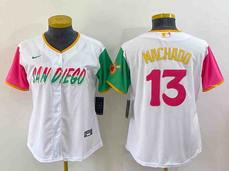 Women's San Diego Padres #13 Manny Machado White Number 2022 City Connect Cool Base Stitched Jersey (2)