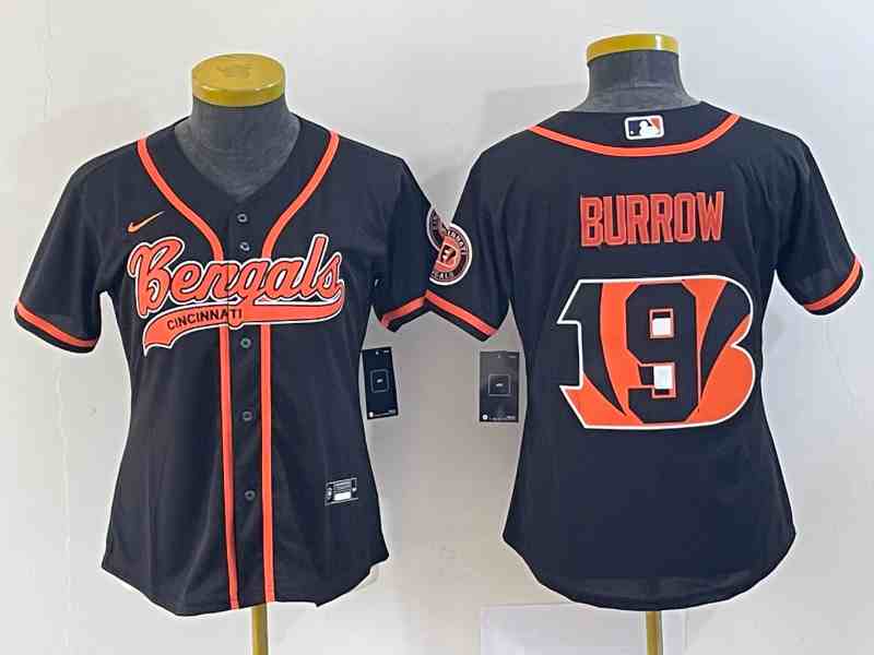 Youth Cincinnati Bengals #9 Joe Burrow Black Team Big Logo With Patch Cool Base Stitched Baseball Jersey
