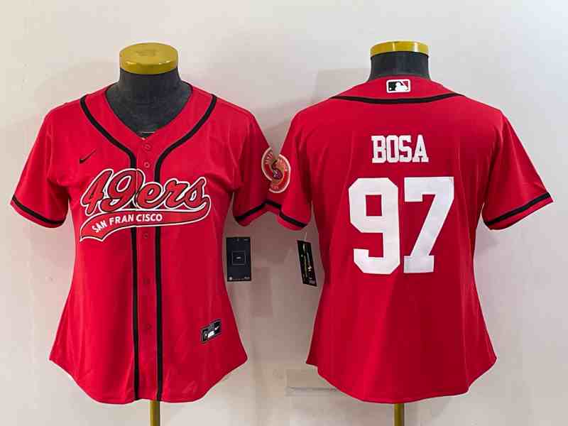 Women's San Francisco 49ers #97 Nick Bosa Red With Patch Cool Base Stitched Baseball Jersey (2)