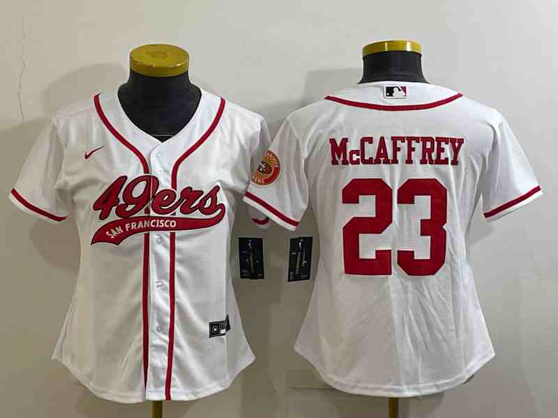 Youth  San Francisco 49ers #23 Christian McCaffrey White With Patch Cool Base Stitched Baseball Jersey