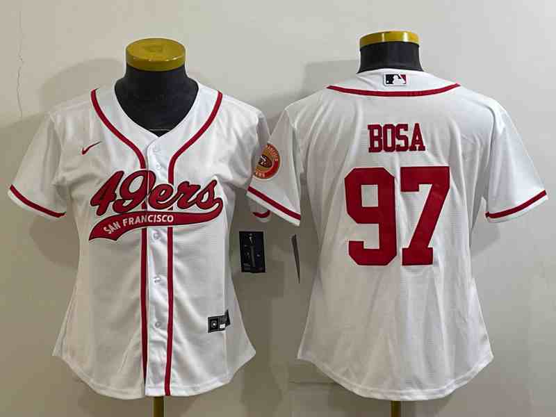 Youth  San Francisco 49ers #97 Nick Bosa White With Patch Cool Base Stitched Baseball Jersey