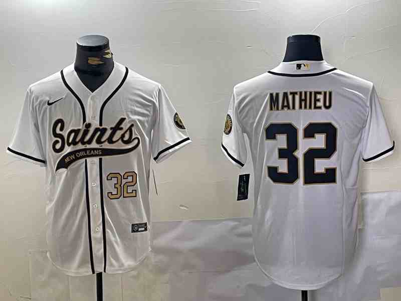 Mens New Orleans Saints #32 Tyrann Mathieu White Cool Base Stitched Button Jersey-1