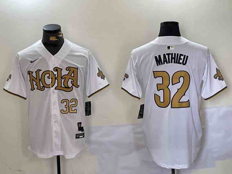 Men's New Orleans Saints #32 Tyrann Mathieu White Cool Base Stitched Button Jersey-1