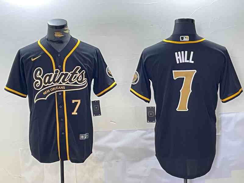 Men's New Orleans Saints #7 Taysom Hill Black With Patch Cool Base Stitched Button Jersey-1