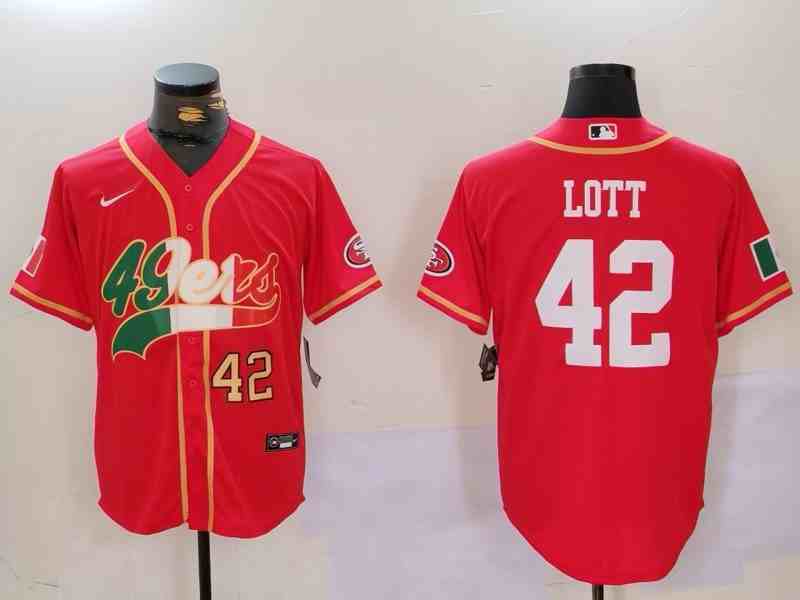 Men's San Francisco 49ers #42 Ronnie Lott Red With Patch Cool Base Stitched Baseball Jersey