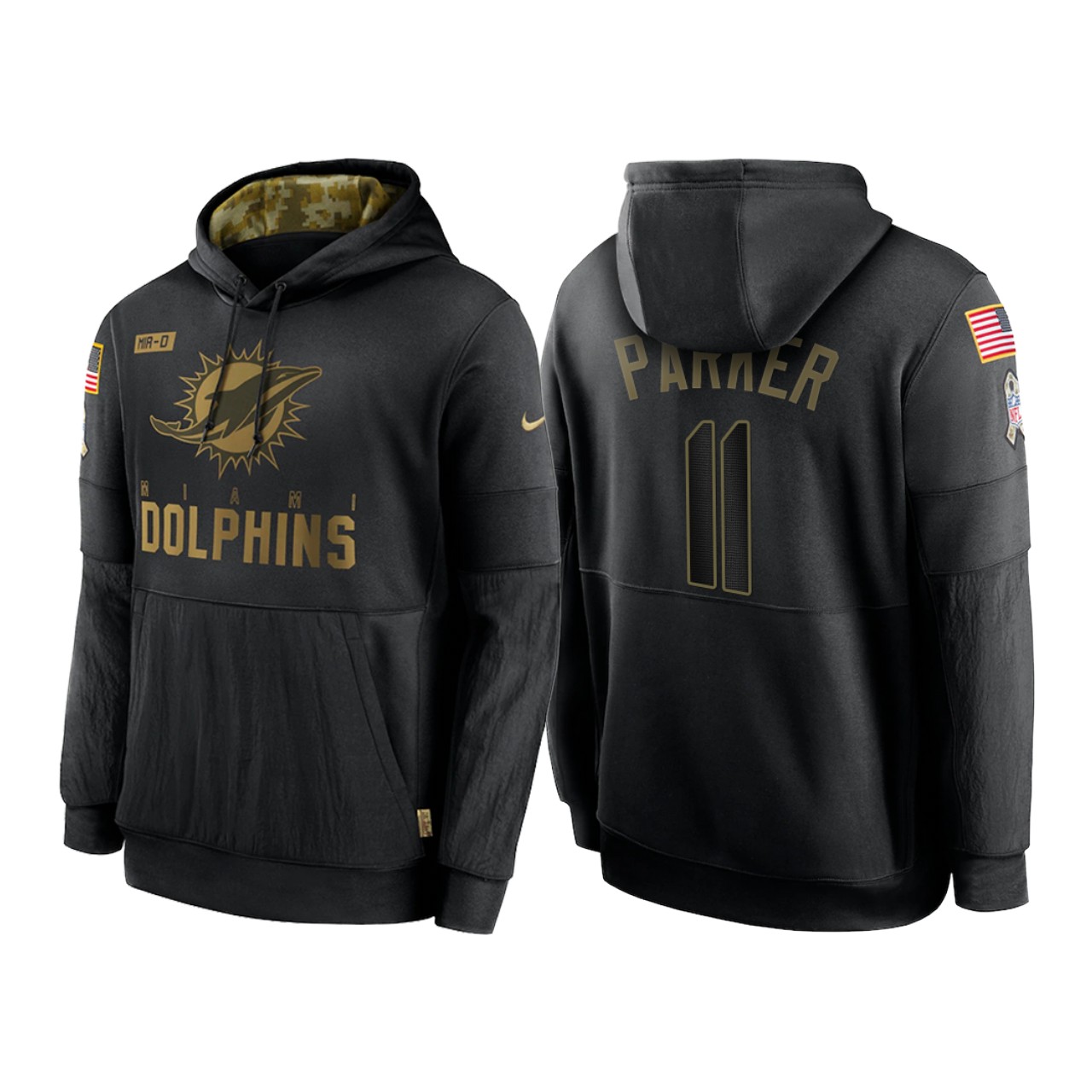 Men's Miami Dolphins #11 DeVante Parker 2020 Black Salute To Service Sideline Performance Pullover Hoodie