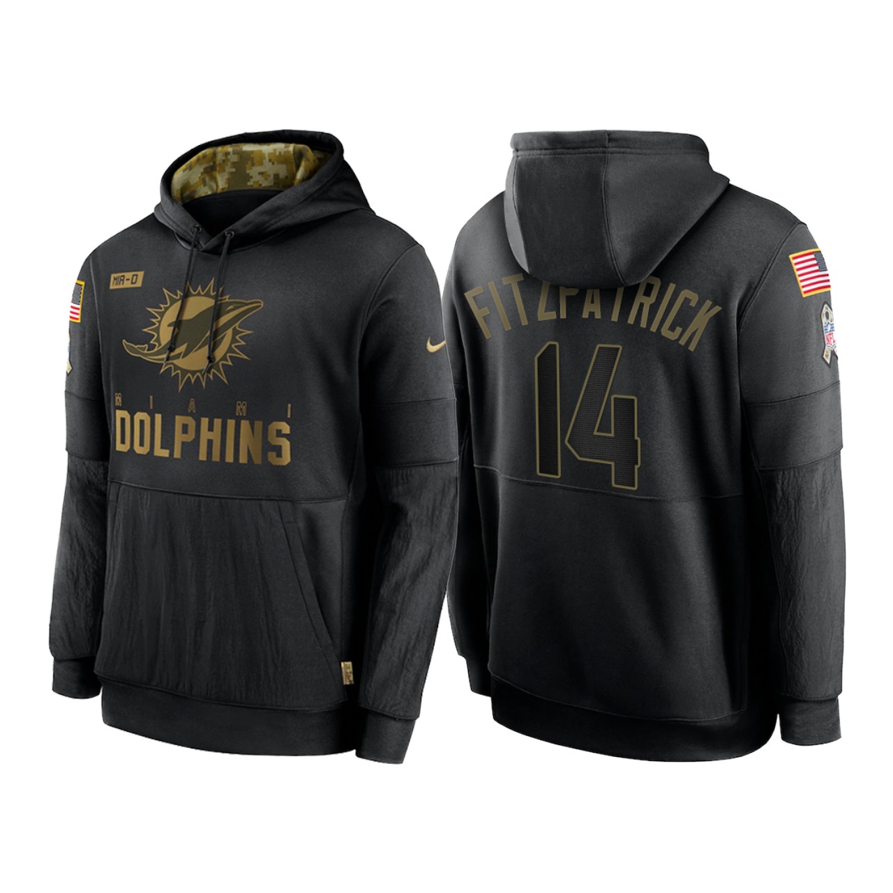 Men's Miami Dolphins #14 Ryan Fitzpatrick 2020 Black Salute To Service Sideline Performance Pullover Hoodie