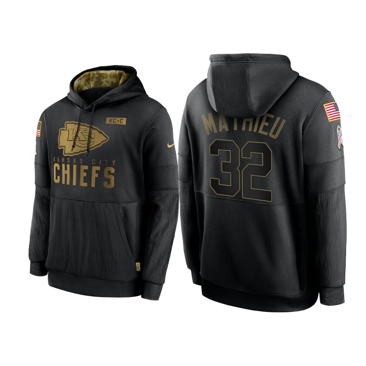 Men's Kansas City Chiefs #32 Tyrann Mathieu 2020 Black Salute To Service Sideline Performance Pullover Hoodie