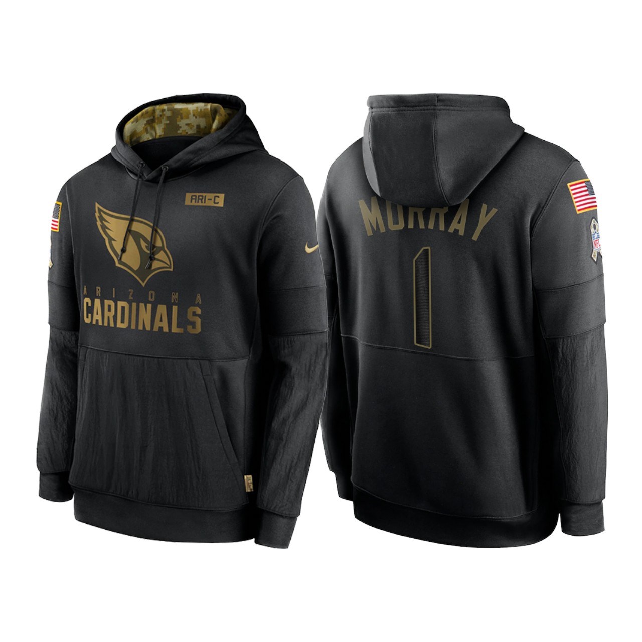 Men's Arizona Cardinals #1 Kyler Murray 2020 Black Salute To Service Sideline Performance Pullover Hoodie
