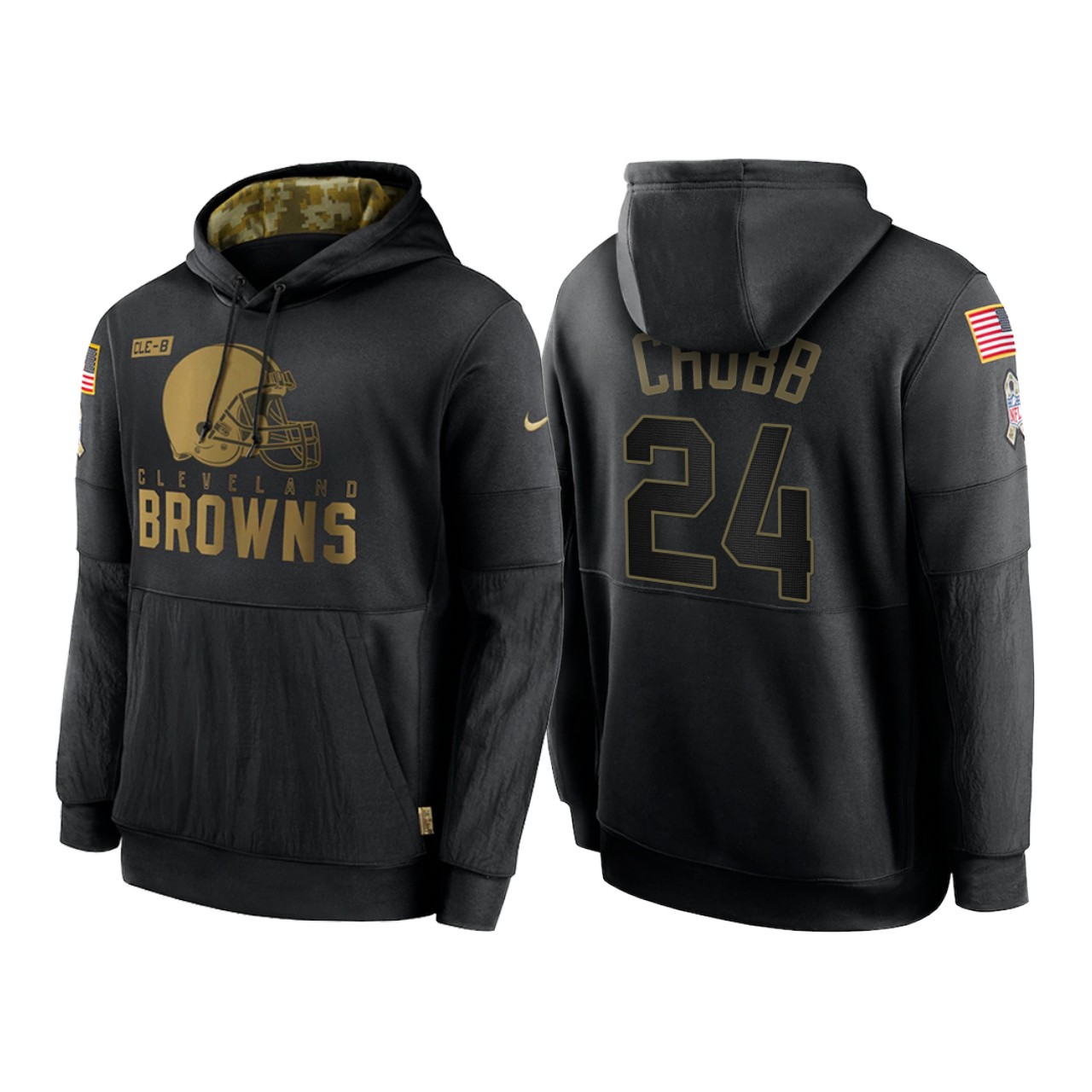 Men's Cleveland Browns #24 Nick Chubb 2020 Black Salute To Service Sideline Performance Pullover Hoodie