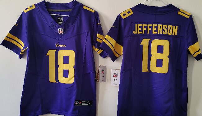 Women's Minnesota Vikings #18 Justin Jefferson Purple Color Rush F.U.S.E. Limited Football Stitched Jersey(Run Small)