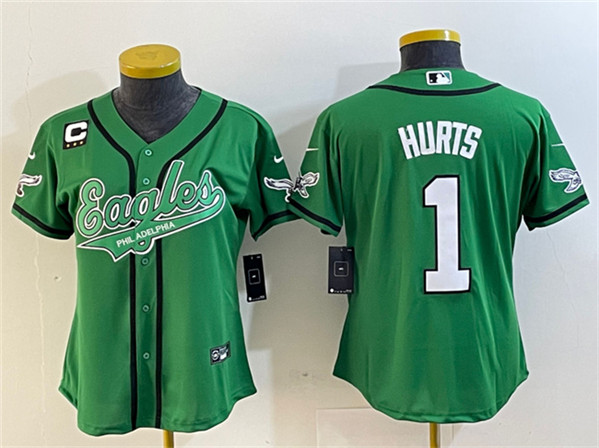 Youth Philadelphia Eagles #1 Jalen Hurts Green With 3-Star C Patch Cool Base Stitched Baseball Jersey(Run Small)