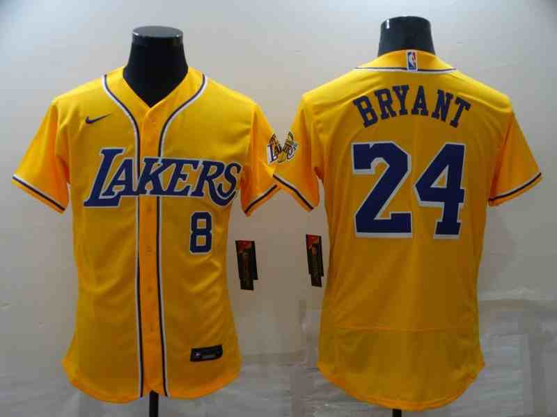 Men's Los Angeles Lakers Front #8 Back #24 Kobe Bryant Yellow Cool Base Stitched Baseball Jersey