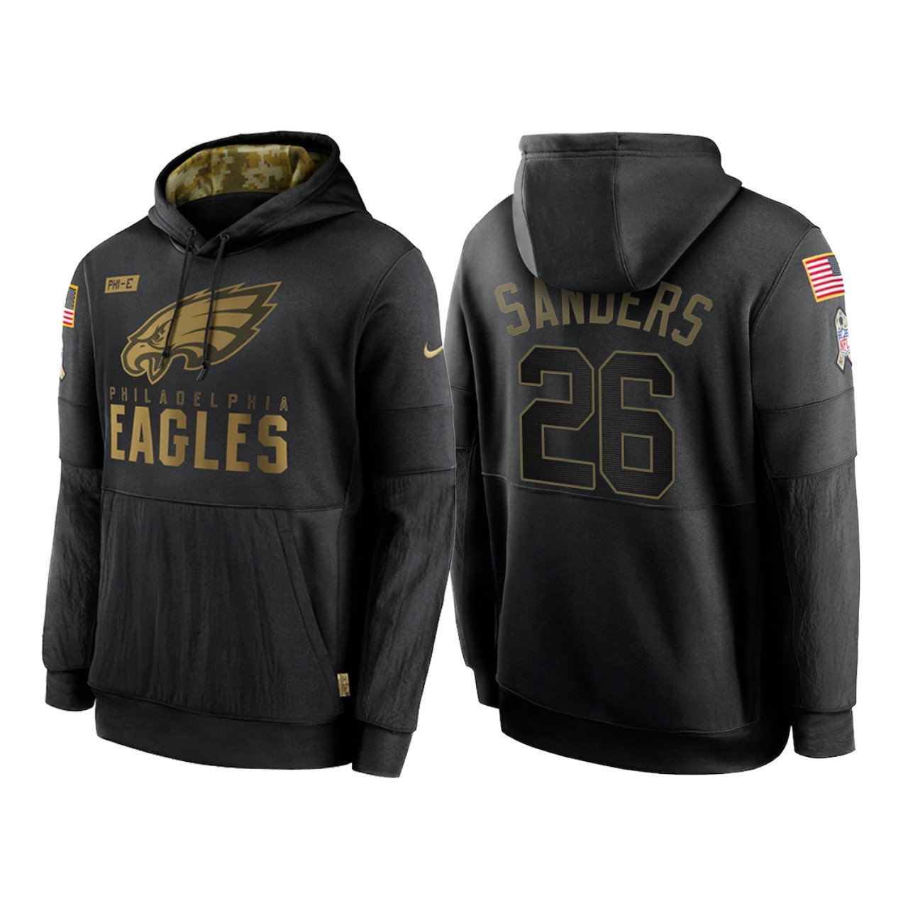 Men's Philadelphia Eagles #26 Miles Sanders 2020 Black Salute To Service Sideline Performance Pullover Hoodie