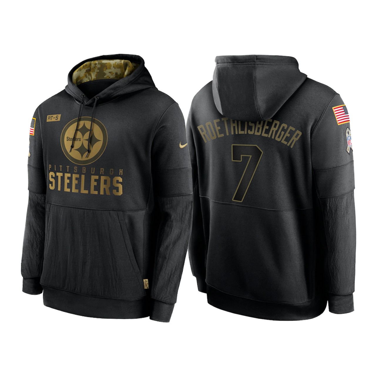 Men's Pittsburgh Steelers #7 Ben Roethlisberger 2020 Black Salute To Service Sideline Performance Pullover Hoodie