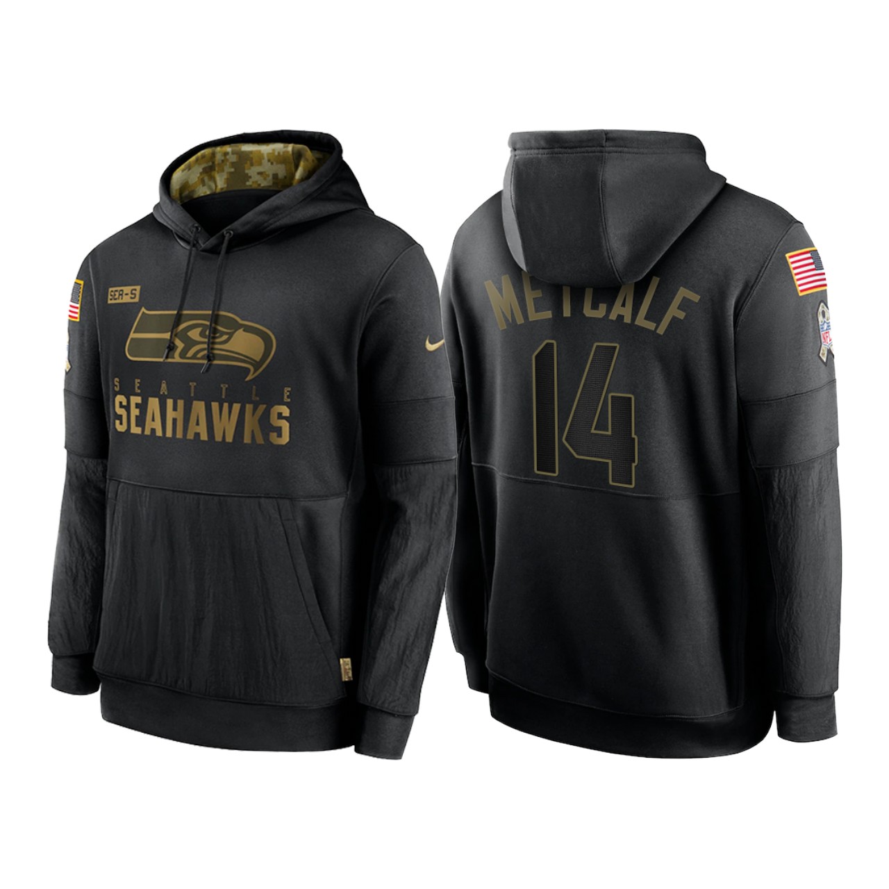 Men's Seattle Seahawks #14 D.K. Metcalf 2020 Black Salute To Service Sideline Performance Pullover Hoodie