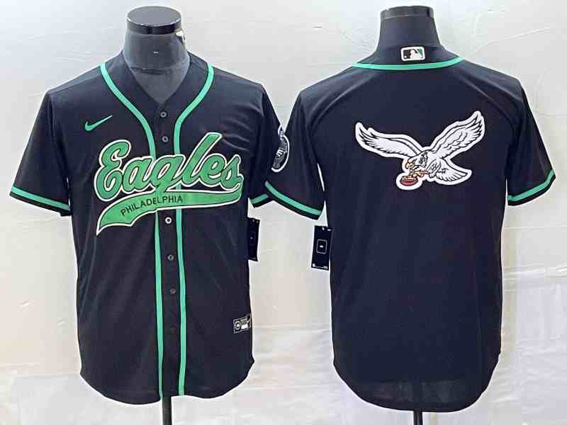 Men's Philadelphia Eagles Black Team Big Logo Cool Base Stitched Baseball Jersey (4)