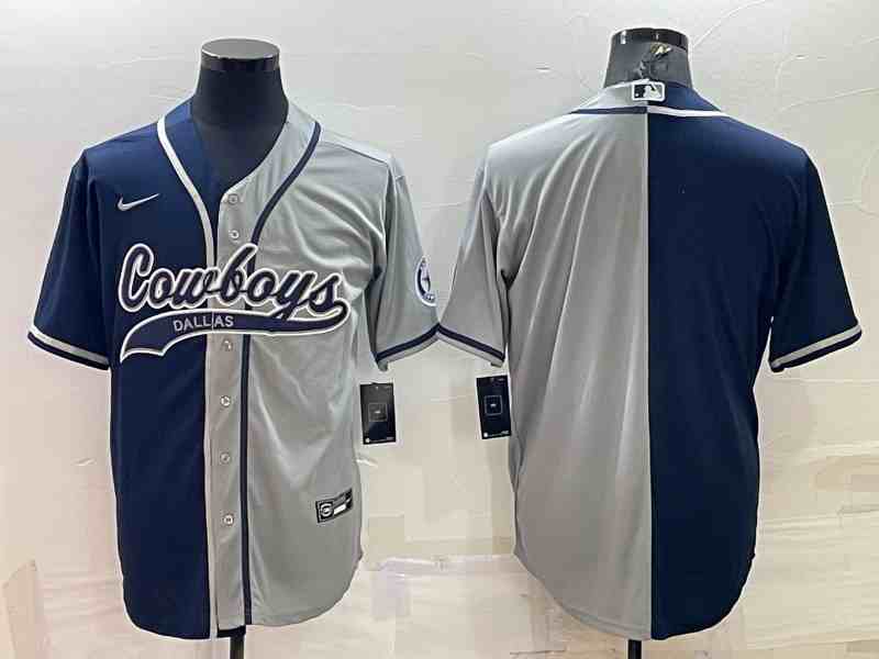 Men's Dallas Cowboys Navy Grey Split Team Big Logo With Patch Cool Base Stitched Baseball Jersey