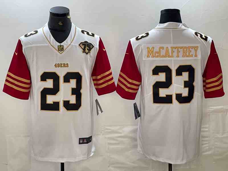 Men's San Francisco 49ers #23 Christian McCaffrey WhiteRed With 75th Anniversary Patch Stitched Jersey