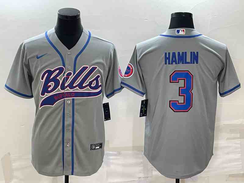 Men's Buffalo Bills #3 Damar Hamlin Grey Stitched Cool Base Nike Baseball Jersey
