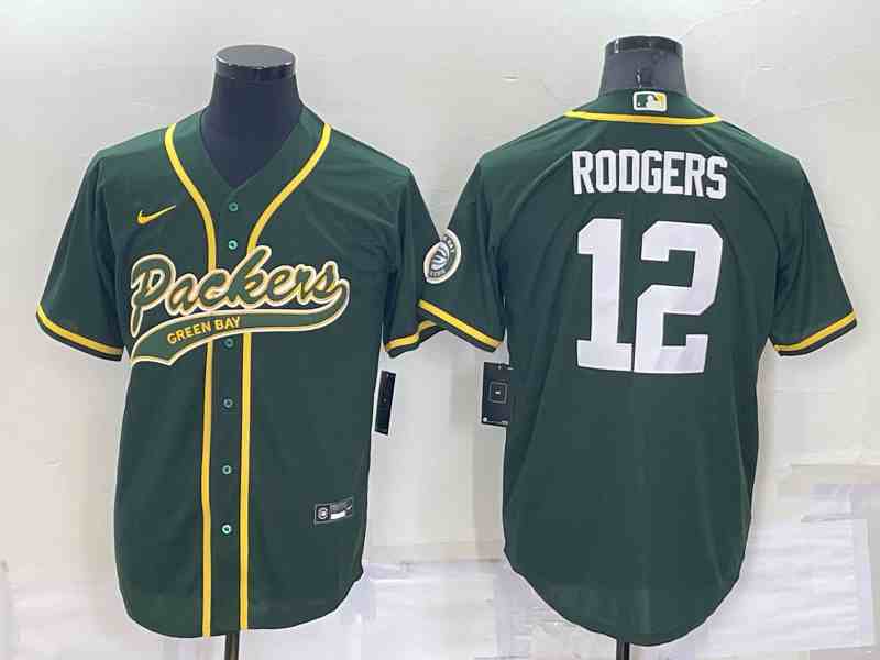 Men's Green Bay Packers #12 Aaron Rodgers Green With Patch Cool Base Stitched Baseball Jersey