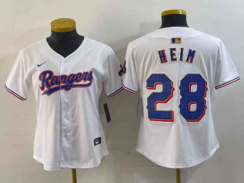 Youth  Texas Rangers #28 Jonah Heim White 2023 World Series Champions Cool Base Jersey