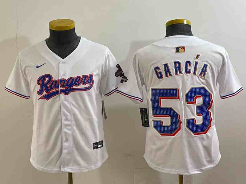 Youth  Texas Rangers #53 Adolis Garcia White 2023 World Series Champions Cool Base Jersey