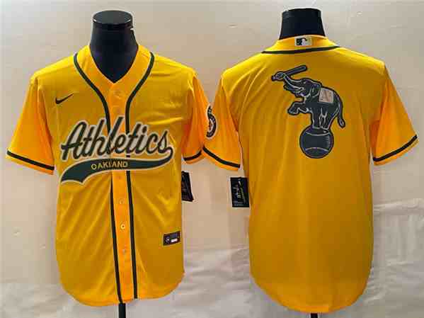 Men's Oakland Athletics Yellow Team Big Logo Cool Base Stitched Baseball Jersey 003