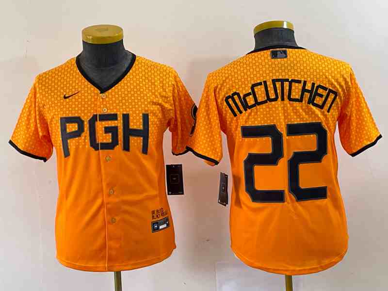 Youth Pittsburgh Pirates #22 Andrew McCutchen Yellow 2023 City Connect Stitched Jersey1