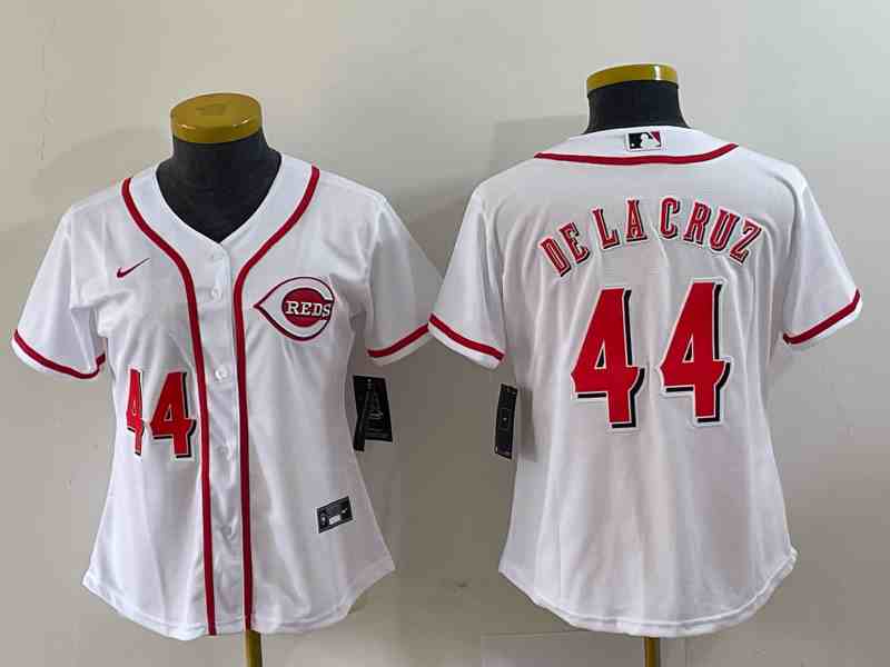 Women's Cincinnati Reds #44 Elly De La Cruz Number White With Patch Cool Base Stitched Jersey