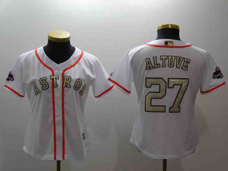 Youth Houston Astros #27 Jose Altuve White Gold Program Cool Base Jersey