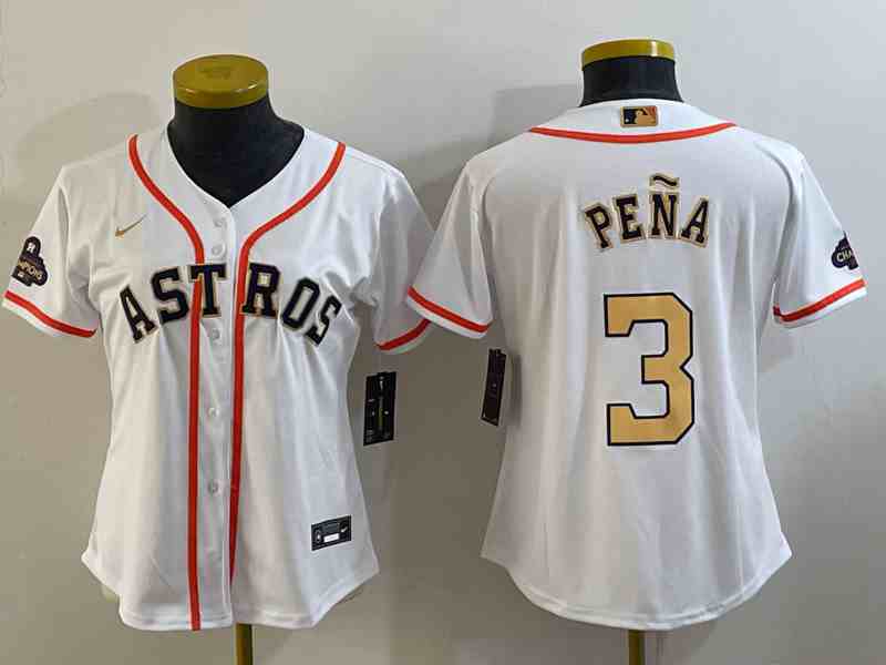Youth Houston Astros #3 Jeremy Pena 2023 White Gold World Serise Champions Patch Cool Base Stitched Jersey