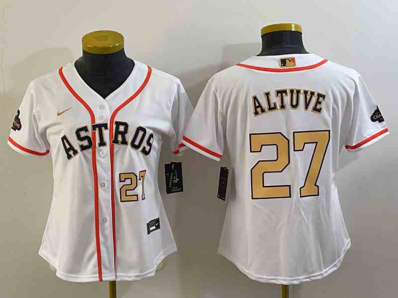 Youth Houston Astros #27 Jose Altuve 2023 White Gold World Serise Champions Patch Cool Base Stitched Jersey 1
