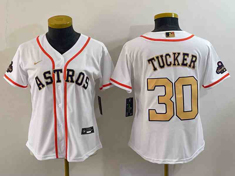 Youth Houston Astros #30 Kyle Tucker 2023 White Gold World Serise Champions Patch Cool Base Stitched Jersey