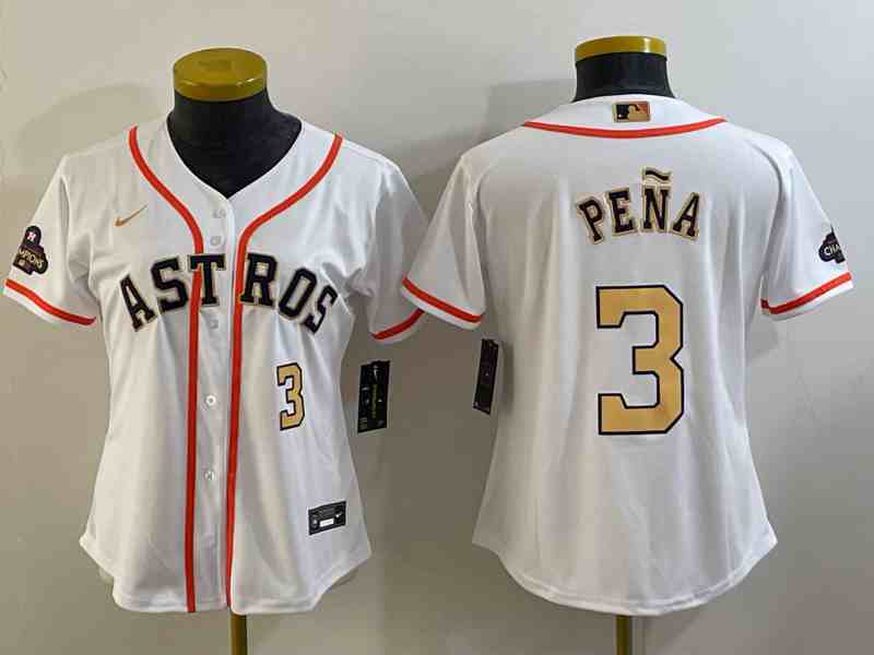 Women's Houston Astros #3 Jeremy Pena 2023 White Gold World Serise Champions Patch Cool Base Stitched Jersey 1