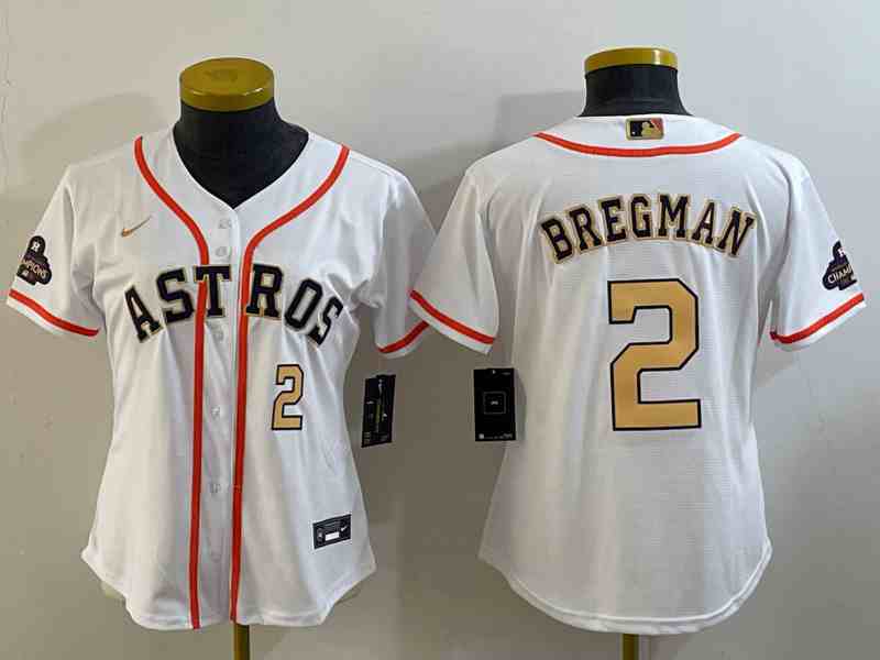 Women's Houston Astros #2 Alex Bregman 2023 White Gold World Serise Champions Patch Cool Base Stitched Jersey 1